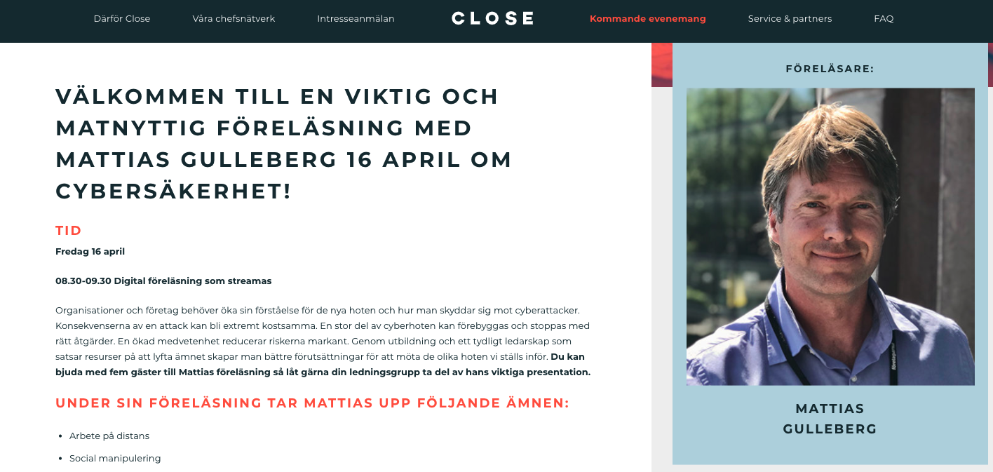 Mattias Gulleberg föreläsning för Close
